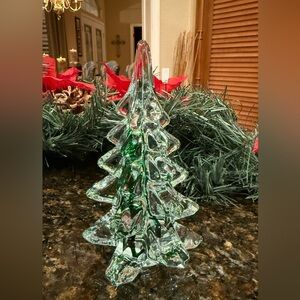 Vintage Price Products Crystal Clear Glass /Green Stripe Christmas Tree 6" Tall